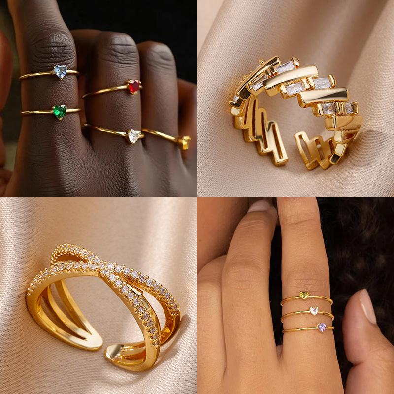 Zircon Heart Birthstone Rings For Women Gold Color Adjustable Stainless Steel Birthstone Heart Ring Wedding Jewelry Gift BFF