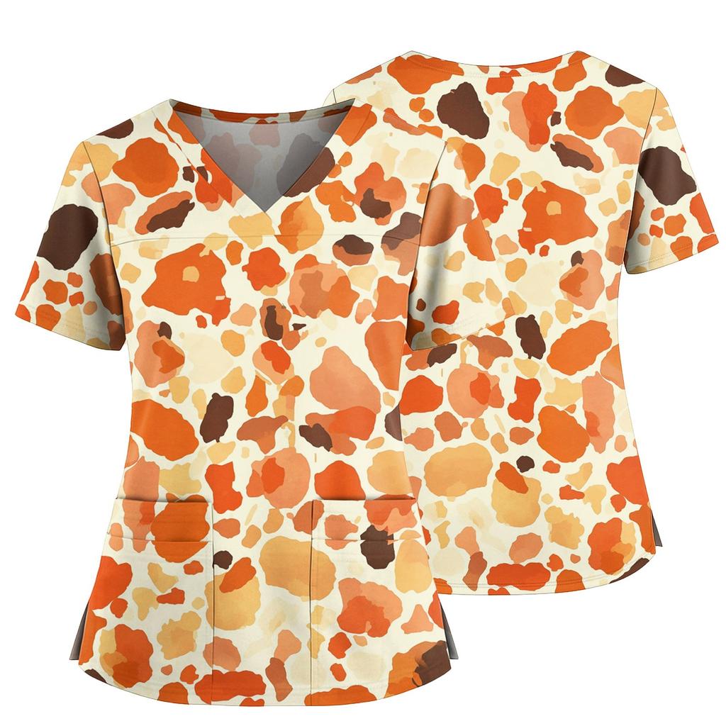 Women's Casual Printed V-Neck Pocket Side Slit Short Sleeved Top Short Sleeved Top