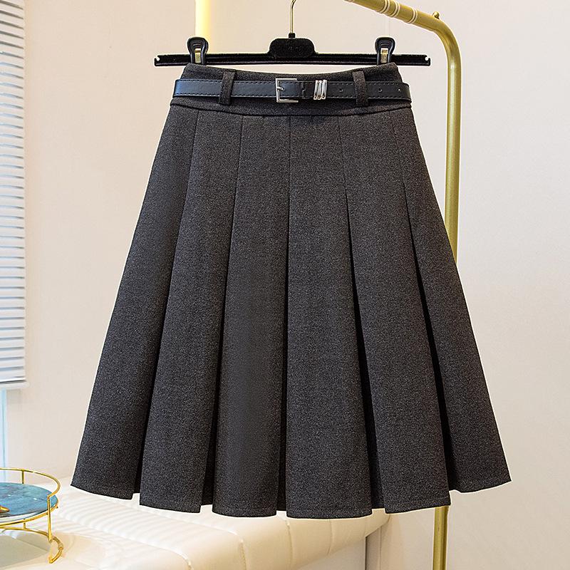 2026 Petite Plus Size Wool Pleated Midi Skirt - High Waist, Versatile School Style with Belt