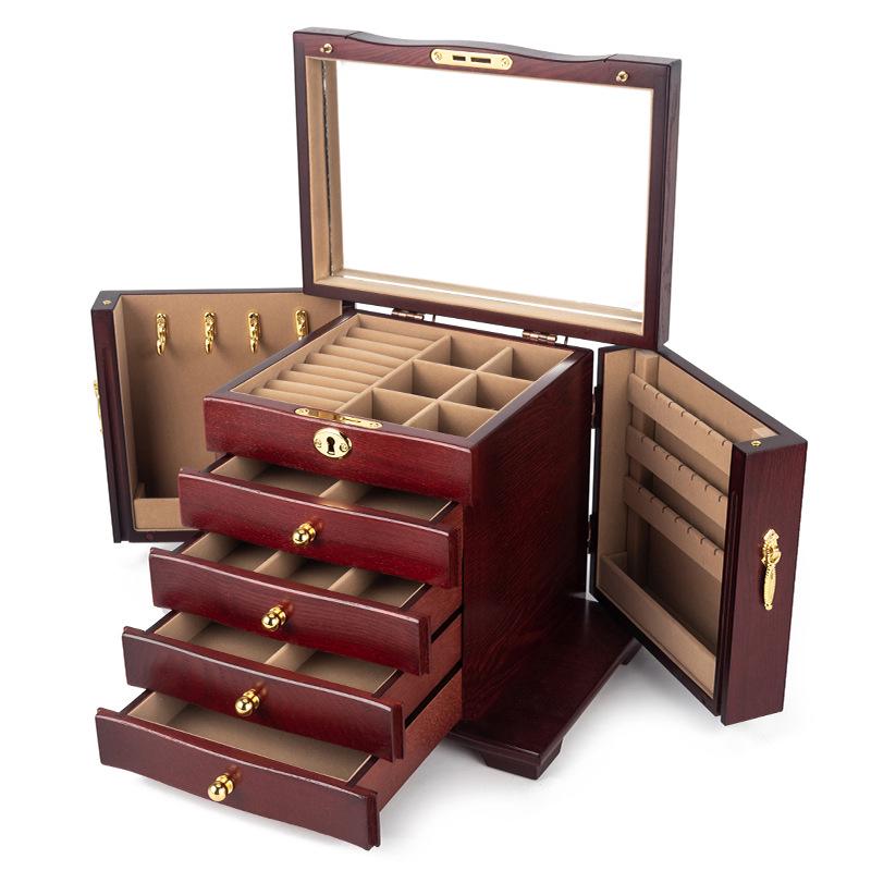 Mid-Century Solid Wood Jewelry Box with Lock: Multi-Layer Storage and Velvet Interior