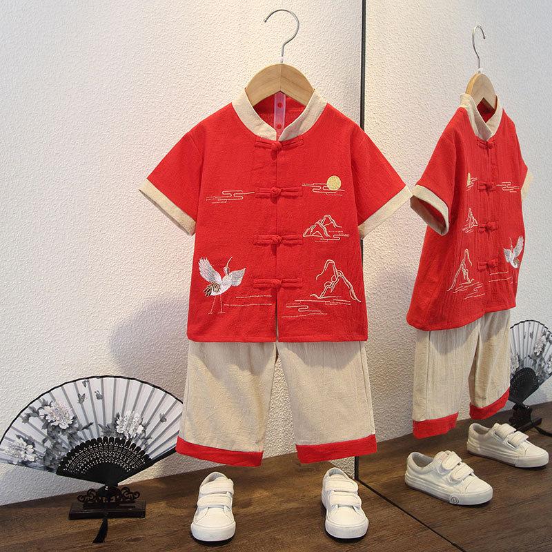 Completo Estivo da Ragazzo a Maniche Corte Stile Cinese per Bambini Hanbok Bello Completo Tang Cotone Lino Sezione Sottile di Abbigliamento Antico