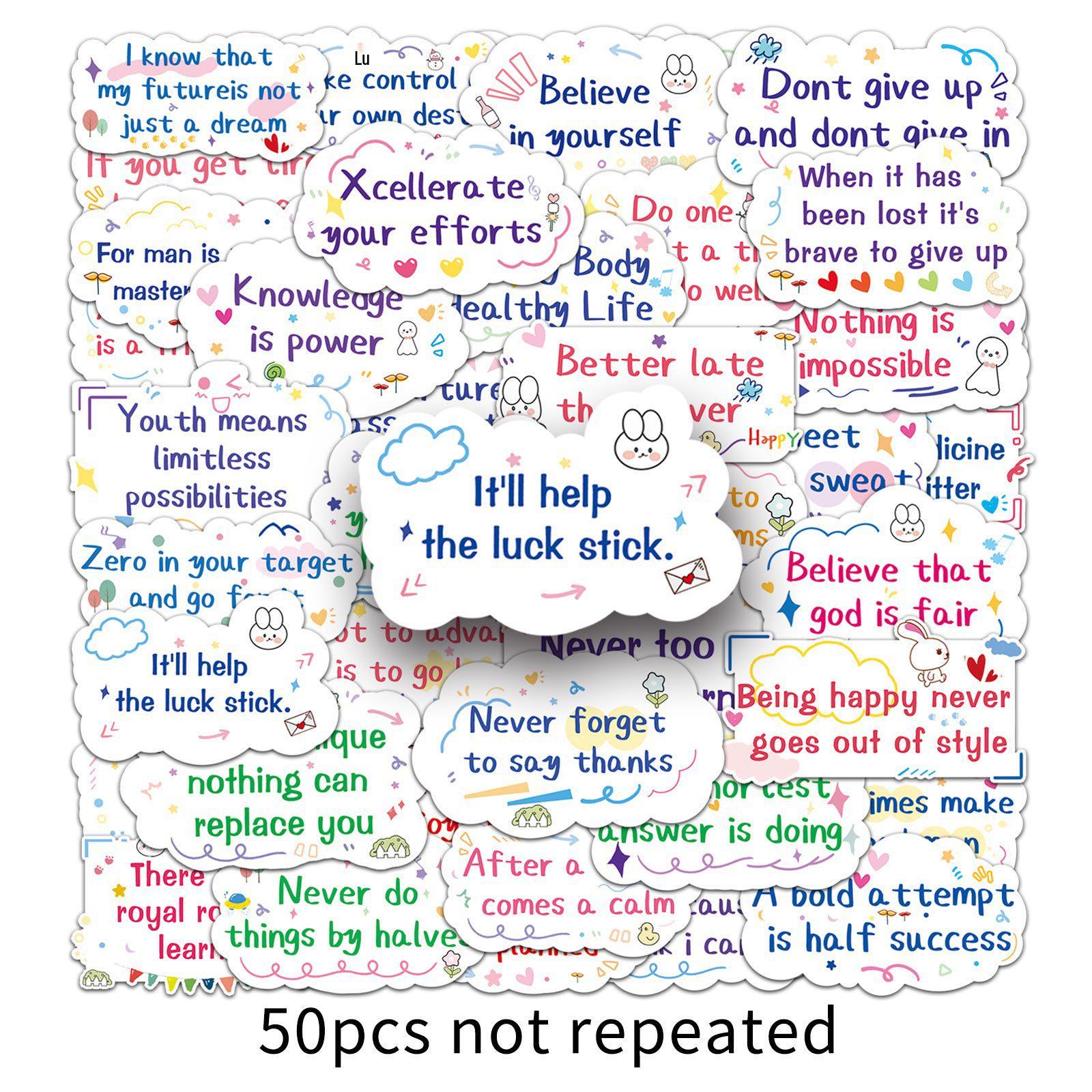 50 Motivational English Sentence Stickers: Waterproof, Colorful for Journals, Water Bottles, and Computers