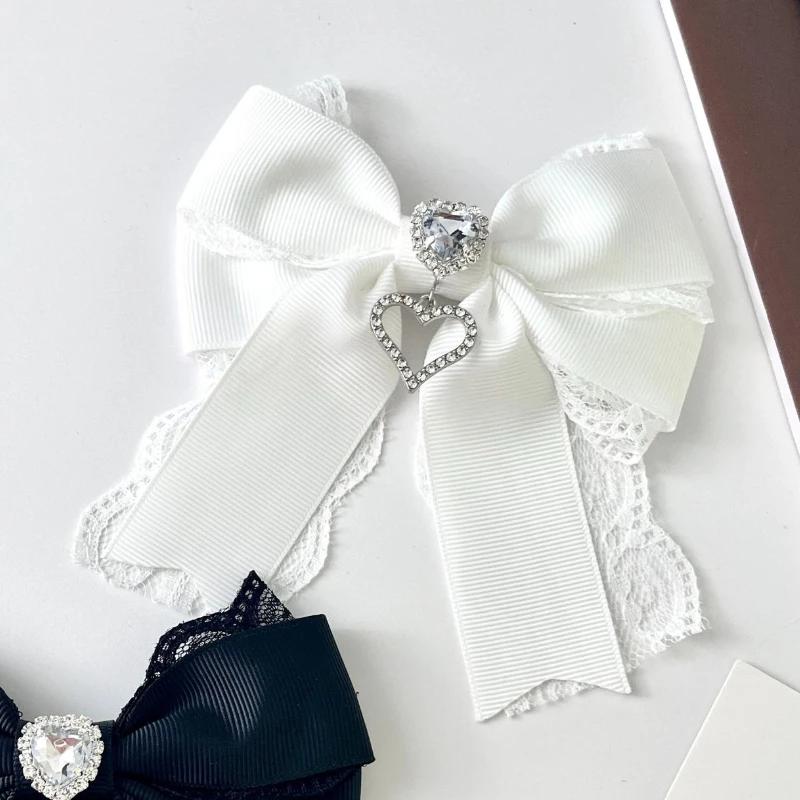 Korean Women's Lace Bow Tie Brooch Heart Shape Rhinestone Pendant Lolita Suit Skirt Accessories Pin Clips Handmade Jewelry Gift