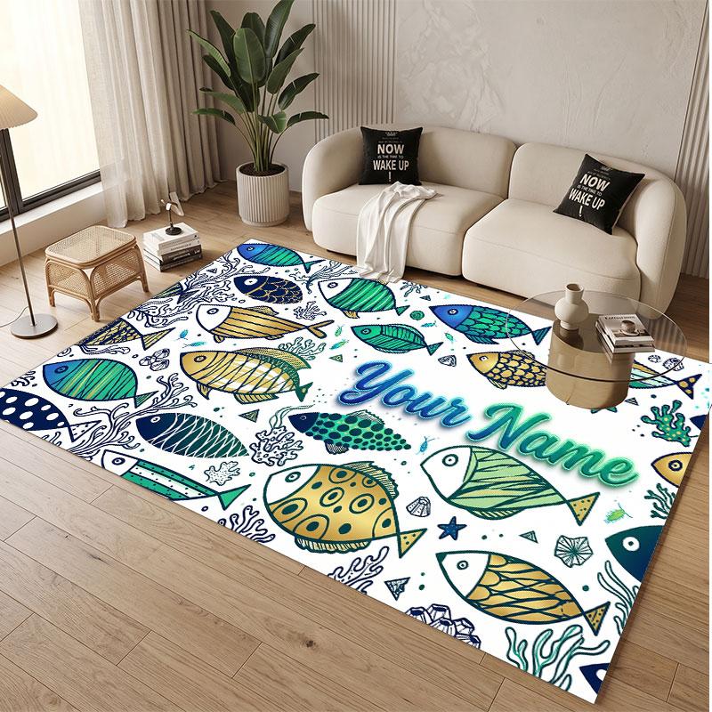 Fish Ocean Theme Soft Crystal Velvet Rug Custom Name & Text Print Non Slip Floor Rug for Bedroom Living Room