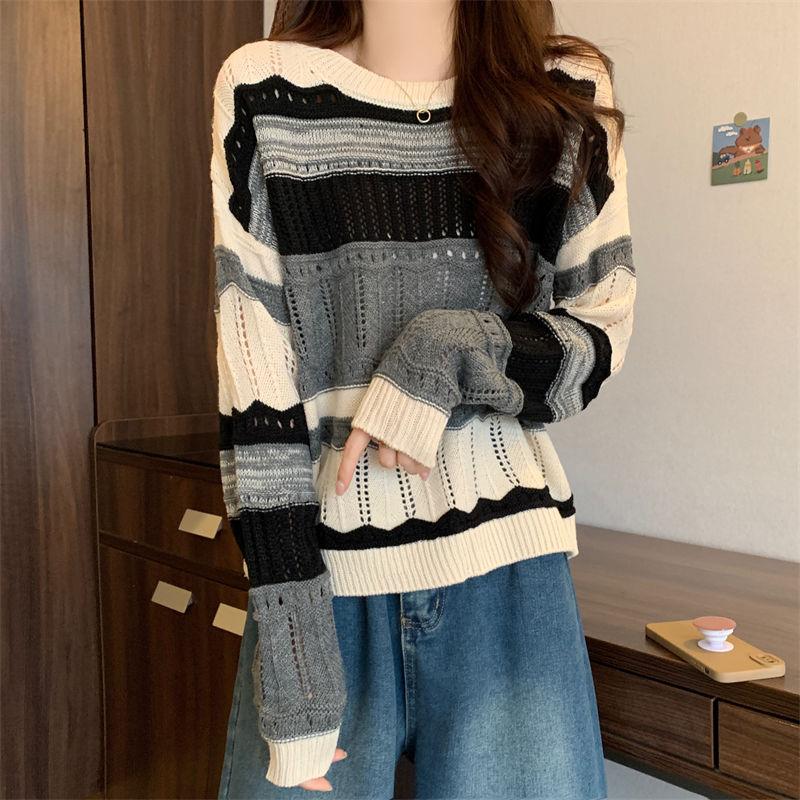 

Design-inspired crew neck knit sweater women s spring autumn hollow out color block stripe lazy style long sleeve top One size