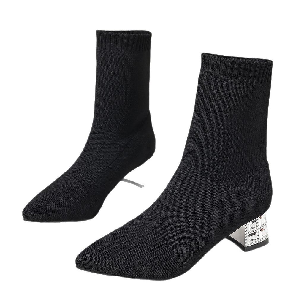 New Fashion Large Size Knitted Ankle Socks Boots Elastic High Heel Pointed Toe Women Autumn Winter Booties