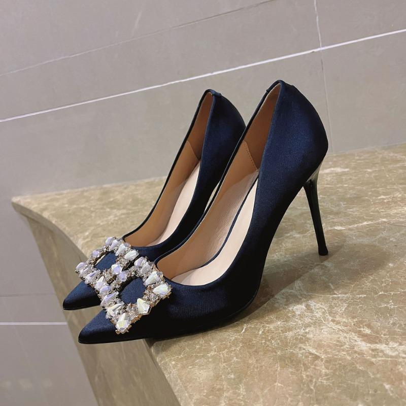 Spring and summer rhinestone square buckle high heels women's thin heels pointed niche temperament wedding shoes design sense single shoes