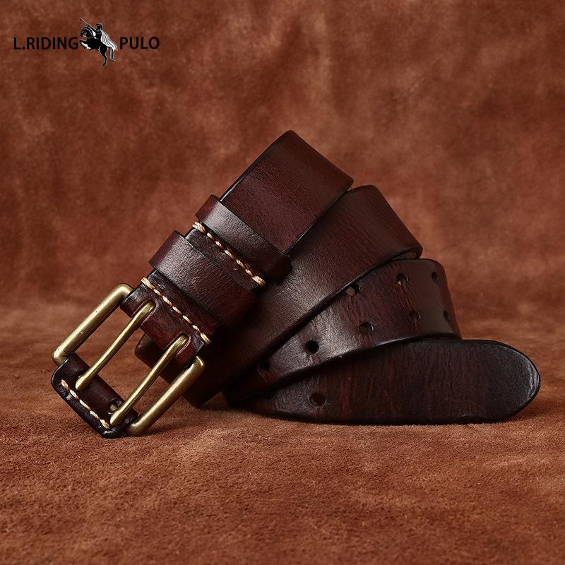 Men's Leather Belt Double Pin Buckle Top Layer Cowhide Retro Youth Copper Buckle Belt