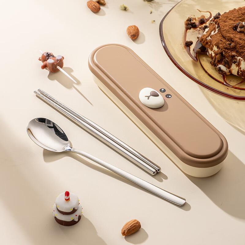 Guangyi Cartoon Portable Cutlery Set, 304 Stainless Steel Spoon And Chopsticks, Three-Piece Set, for Students, Takeout, GY1340