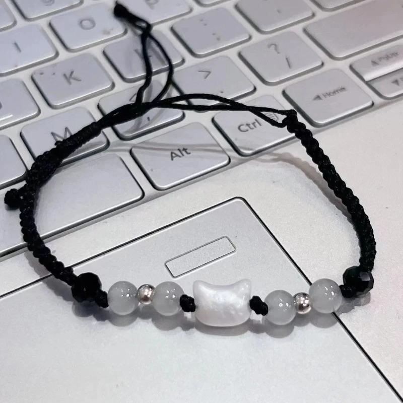 New Wine Red Cat Beaded Couple Bracelets Handmade Adjustable Braided Cord Minimalist Moonstone Obsidian Jewelry for Men Women