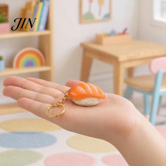 Commuter Stress Relief Toy Keychain Pendant, Simulated Salmon Sushi with Hanging Pendant Chain, 3D Printed Food Ornament for Backpack School Bag Gift