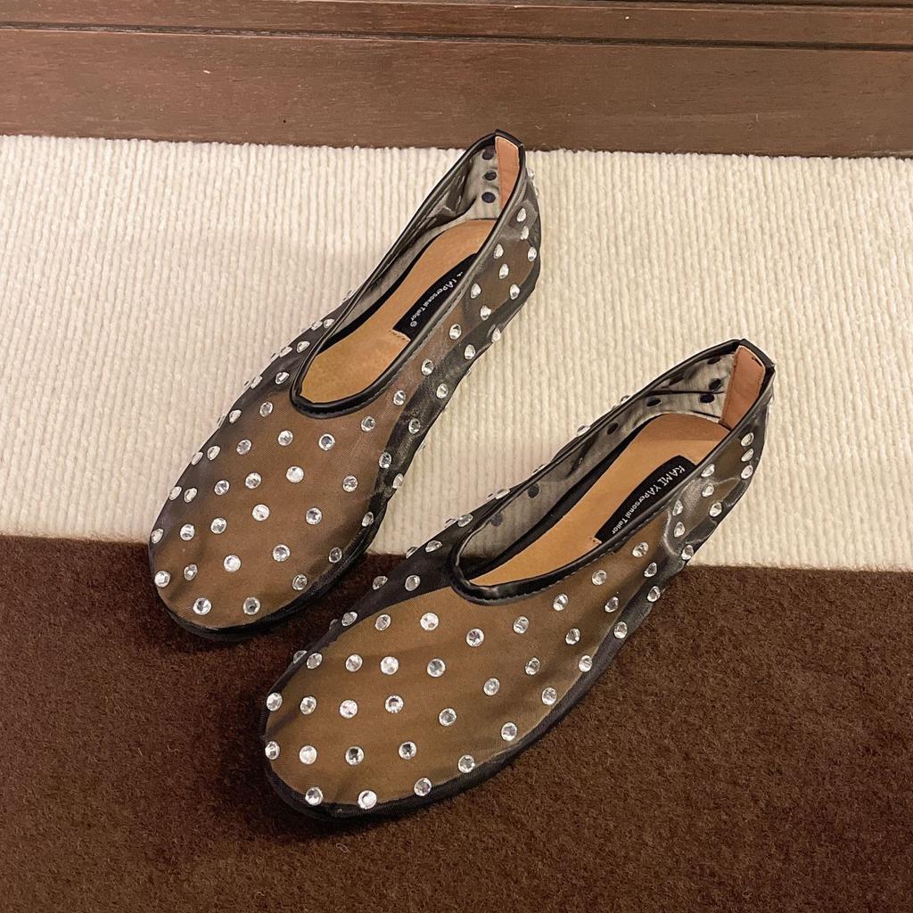 Mesh rhinestone Mary Jane single shoes women's spring and summer new shallow mouth versatile ballet shoes fashionable large size sandals