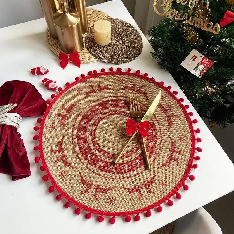 Jute Table Mats Christmas Woven Placemat Ins Printed Hairball Thermal Insulation Mat Retro Cotton and Linen Decorative Mat