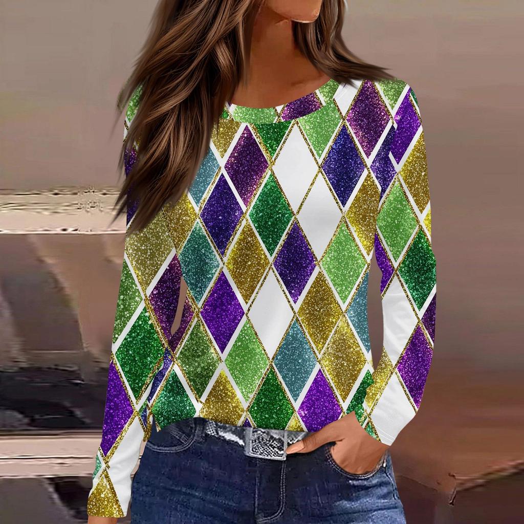 Damen Modisches Karnevals-Print Rundhals Langarm Oberteil mit Schlitzsaum