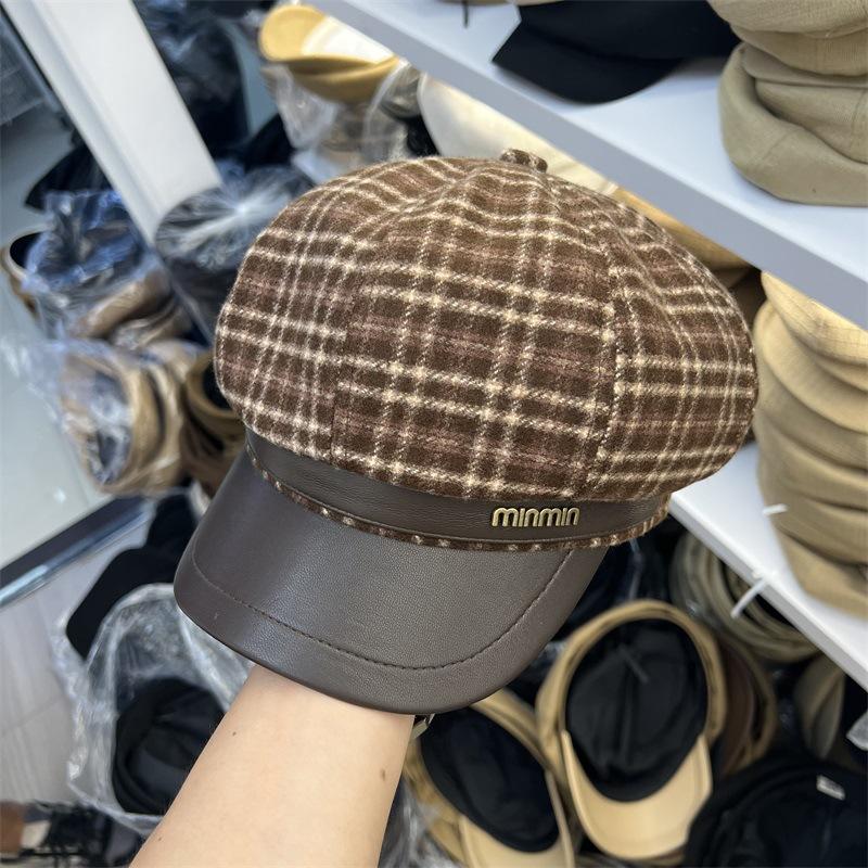 

Модная шерстяная клетчатая восьмиугольная шляпа с кожаным козырьком, женская осенне-зимняя, в британском ретро-стиле, теплая кепка газетчика, новая кепка M（56-58cm） темно-коричневого