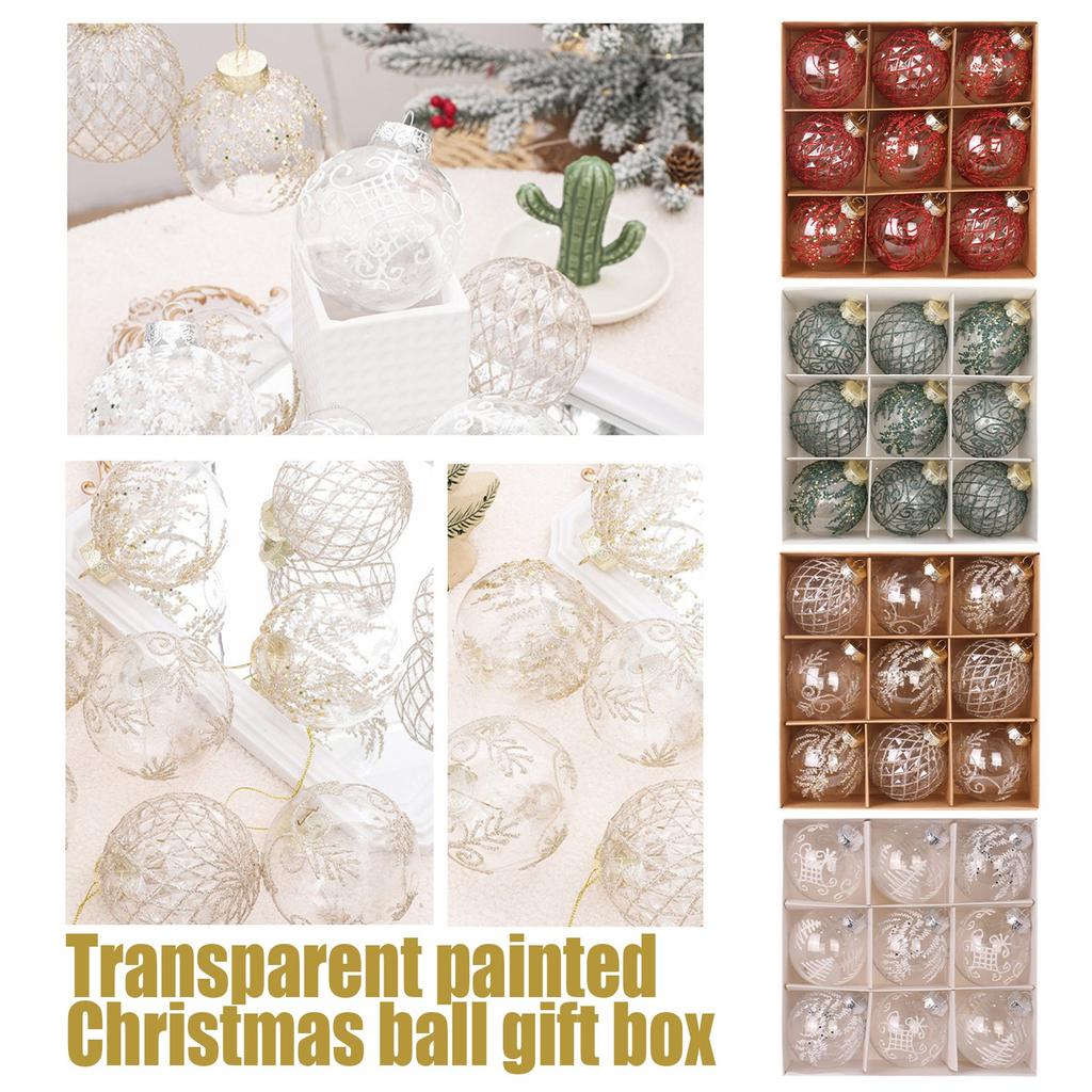 Christmas Decorations 8cm Exquisite PET Transparent Painted Christmas Ball Gift Box Window Christmas Tree Pendant Ball