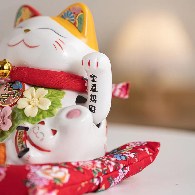 7 Inch Fortune Cat with Waving Arm Ceramic Lucky Cats Feng Shui Centerpiece Decor Ornament for Home Office Shop Decoration