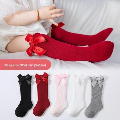 Spanish Pink Knee-Length Baby Socks with Big Bow - Princess Style for Girls