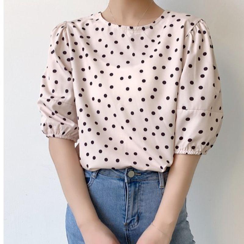 

Sweet Japanese and Korean Summer New round Neck Single-Breasted Double-sided Wear Dot Polka Dot Print Half Sleeve Shirts Top Women Apricot wave point L