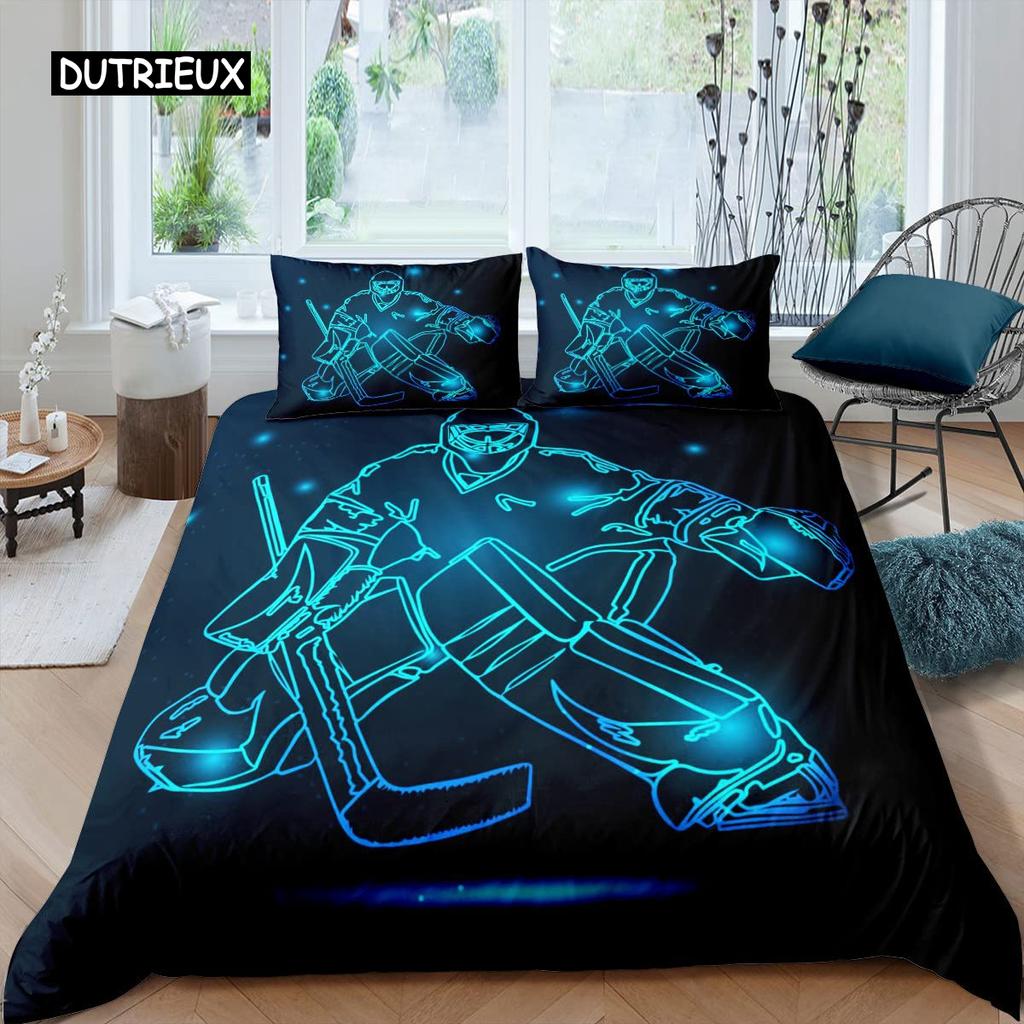 Ensemble Housse de Couette Hockey sur Glace Garçons Puck King Size Thème Jeux Sportifs Ensemble de Literie pour Enfants Jeunes Adultes Hommes Housse de Couette Match d'Hiver