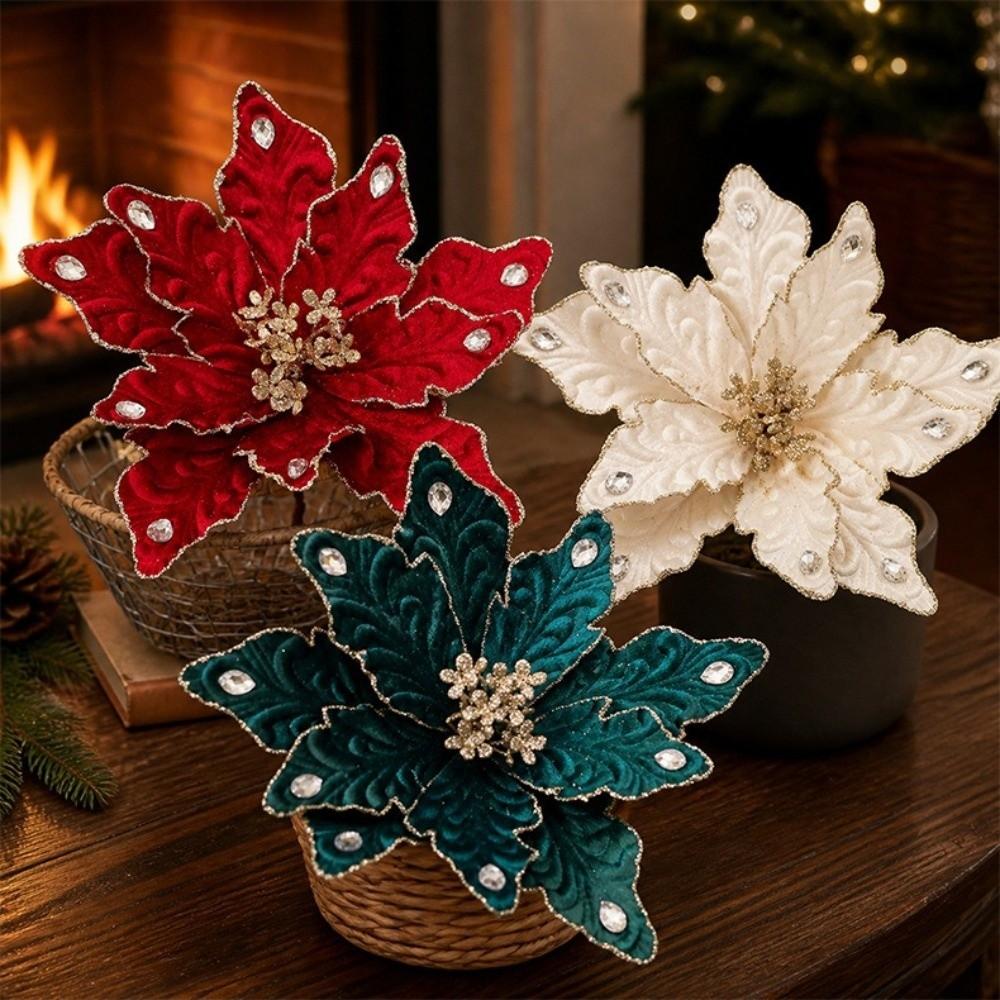 DIY Decoration Fake Flower 22cm Xmas Tree Decorations New Glitter Poinsettia  Christmas Gift