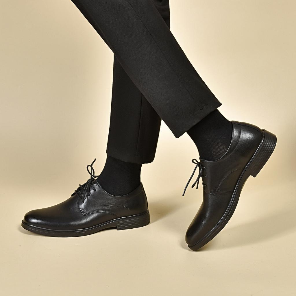 Men's Leather Shoes Round Head Lace-up Single Shoes Black First-layer Cowhide Business Dress Shoes Professional Flat Men's Shoes