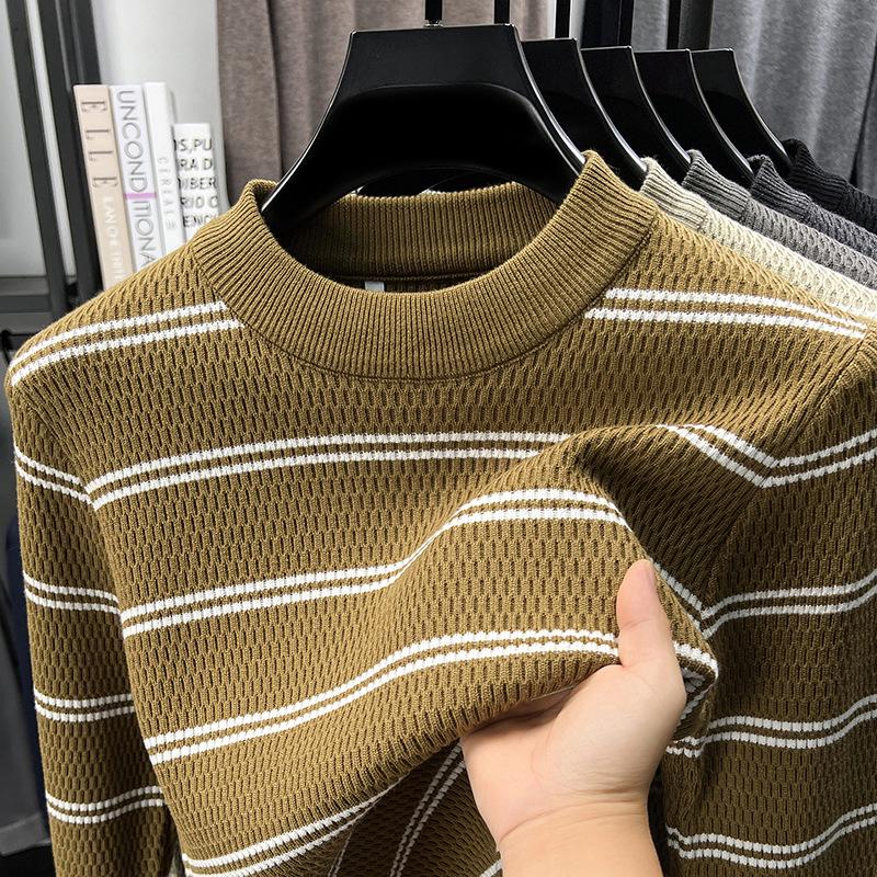 Men's Striped Knitwear: 2025 Autumn/Winter Collection - Stretchy, Thick, Versatile, Casual Round Neck Base Layer