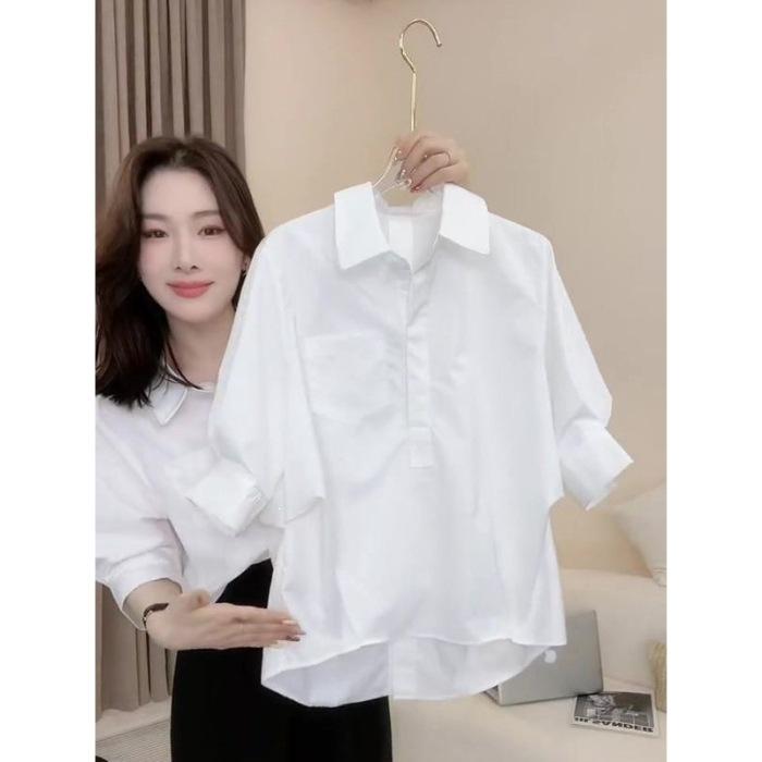 

Весна и лето новая французская мода иностранный стиль топ маленькая белая семиquarter рукав свободная рубашка женская летняя рубашка M белый