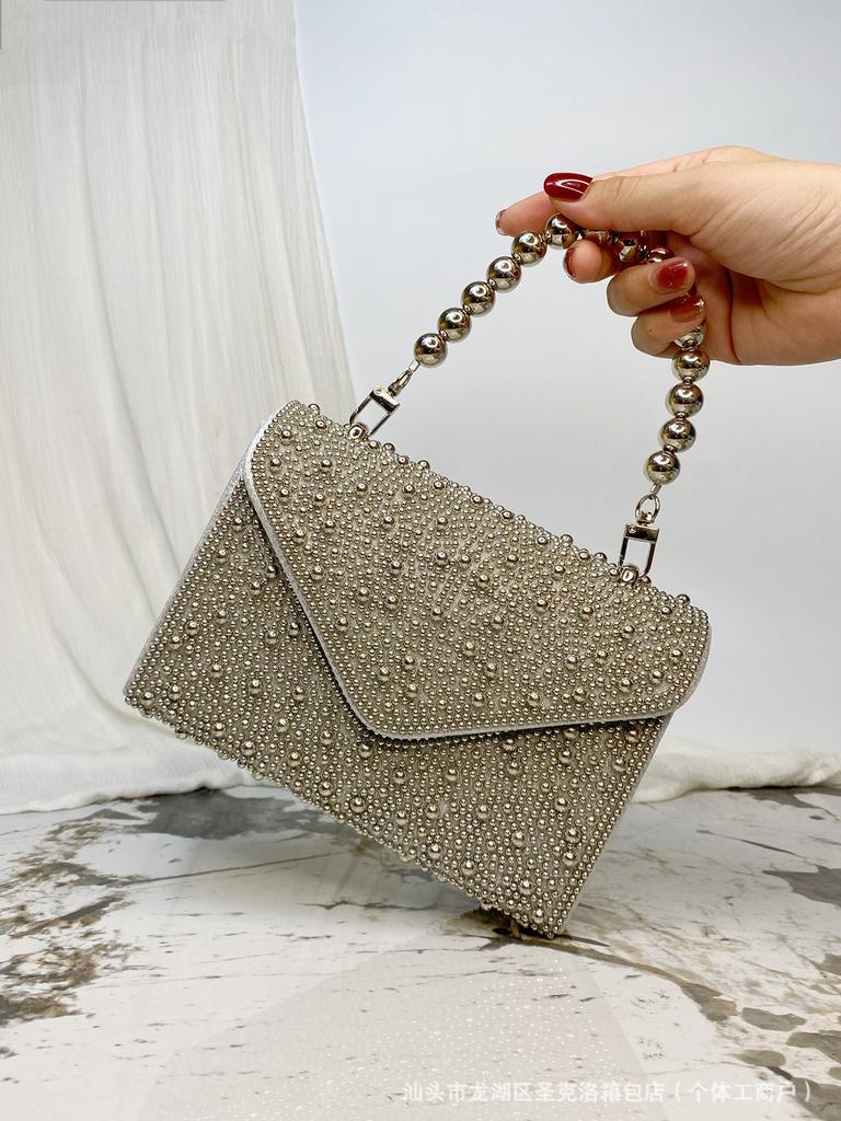 Pearl Chain Shoulder Bags Luxury Purse Gold Bright Silk Evening Bag Women Elegant Fashion Banquet Clutch Female Handbag