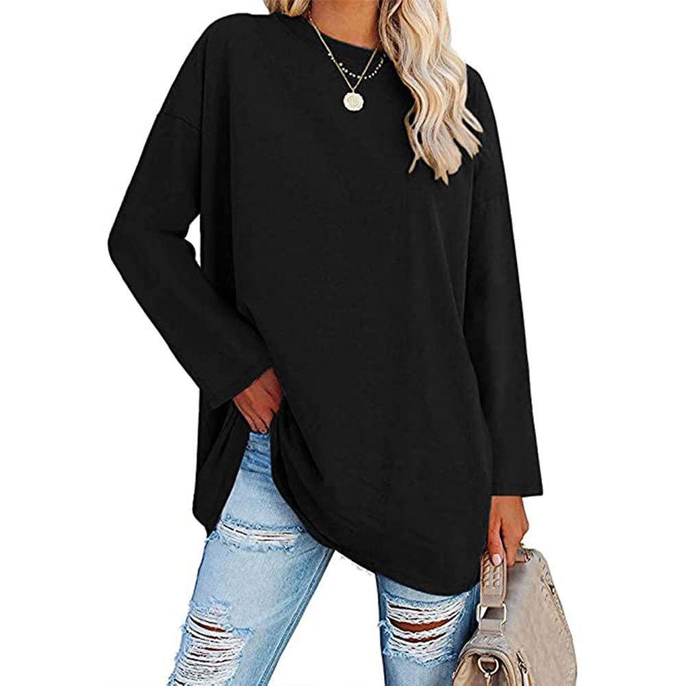 T-shirt Taglia Grande Monocolore, Top Casual a Maniche Lunghe Girocollo Primavera e Autunno, Abbigliamento Taglia Grande da Donna
