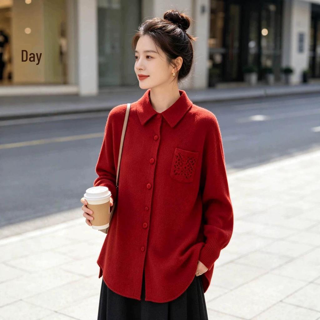 Women's 100% Pure Wool Knit Cardigan - Autumn/Winter French Sweetheart Polo Collar with Lace Patchwork Hollow Out Design