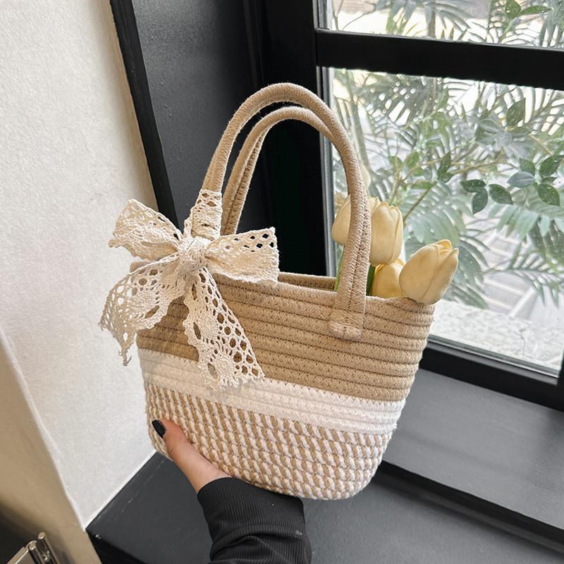 Stylish Woven Handheld Plaid Bucket Bag Large Capacity Trendy Girls Purse In Gray Khaki Pink