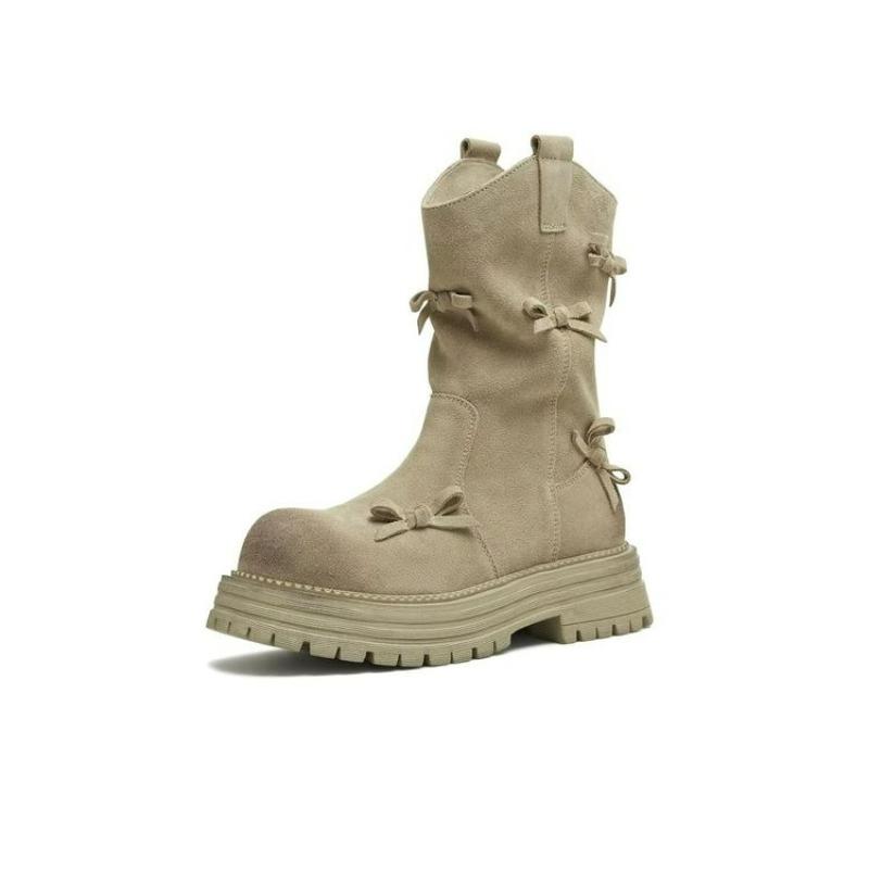 

Bow Block Heel Single Boots Women s Fashion Round Toe Suede Sleeve Platform Non-Slip Short Boots 40 хакі