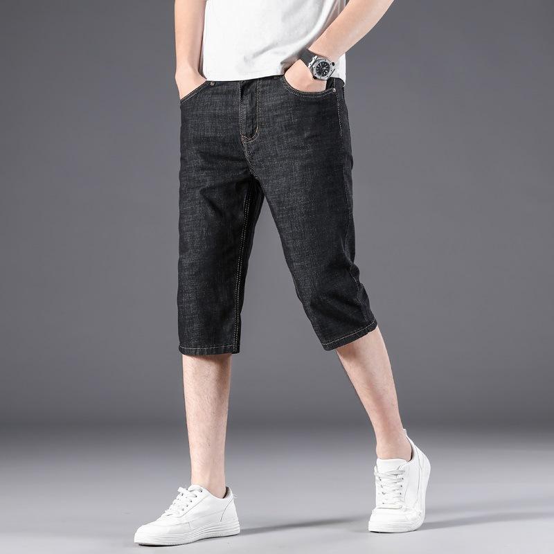 Summer Thin Dark Denim Shorts Men's Cropped Pants Loose Straight 7-point Denim