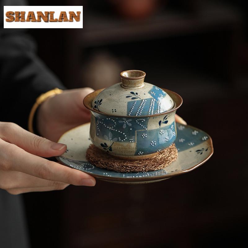 110ml Hand-painted Blue Cloth Floral Patchwork Gaiwan Retro Tea Tureen Tea Bowl With Lid Kit Tea Maker Cover Bowl Tea Items Gift