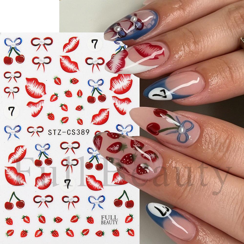 Nail Art Stickers Ins Red Lip Cherry Strawberry Y2K Sweet Cool Style Bow Digital Adhesive Nail Stickers