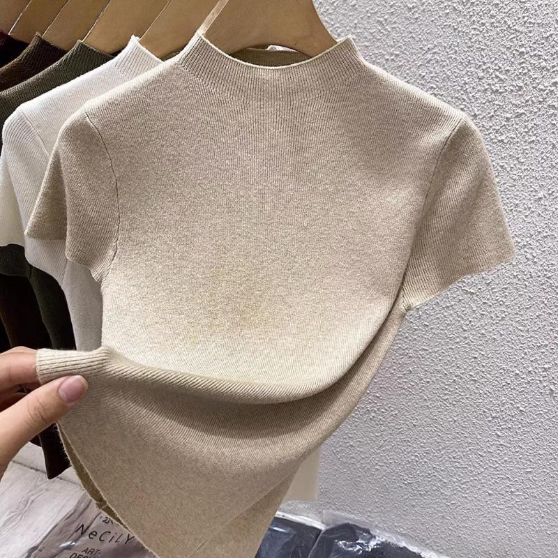 Women's Summer 2026 Elegant Short Sleeve Solid Color High Collar Slim Fit Knit Top