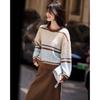 Elegant Striped Patchwork Sweater & Skirt Set