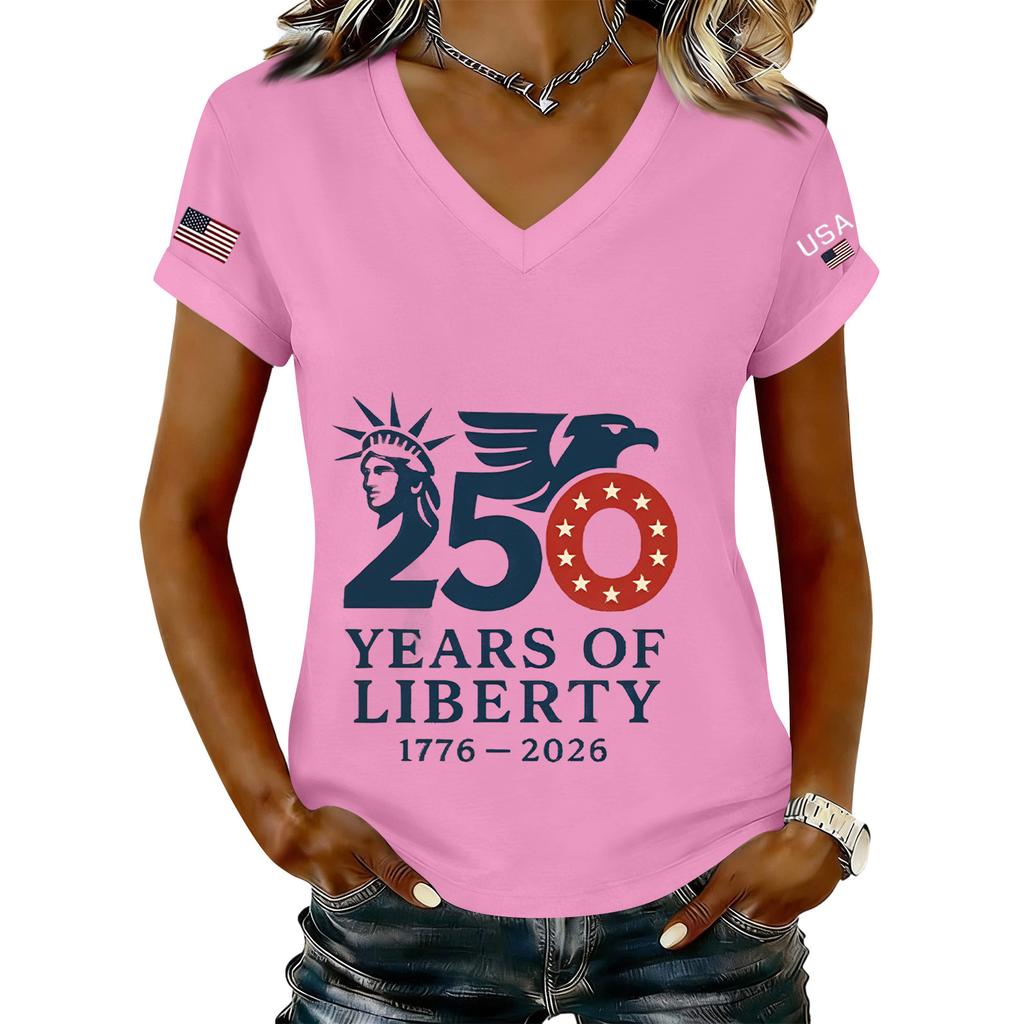 Women’s Fashion V Neck Short Sleeve Tee Casual Letter Print Top 250 Years of 1776 2026 Anniversary Shirt