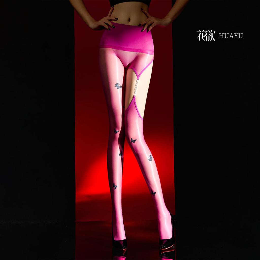 Aurora Dreamweaver Butterfly Diamond Chain Strap Seamless Crotch Glossy Aurora Ultra-Thin Stockings Sexy Black Silk