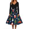 Women's Casual Christmas Print V-Neck Vintage Dress for Holiday Party and Daily Wear