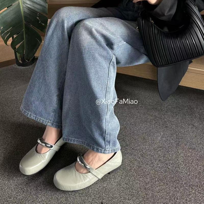 Fashion Mary Jane Shoes Women's 2025 New Round Toe Fashion Single Shoes for Women's Spring Genuine Leather Metal Decorative Flat Shoes