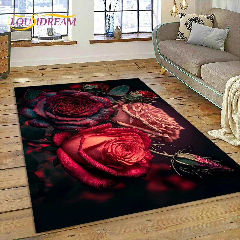 Růžové Květiny Severská Láska Romantický Koberec Kobereček do Ložnice Obývacího Pokoje Domácí Dekorace na Pohovku, Dětská Hra Velká Dekorativní Podložka na Podlahu