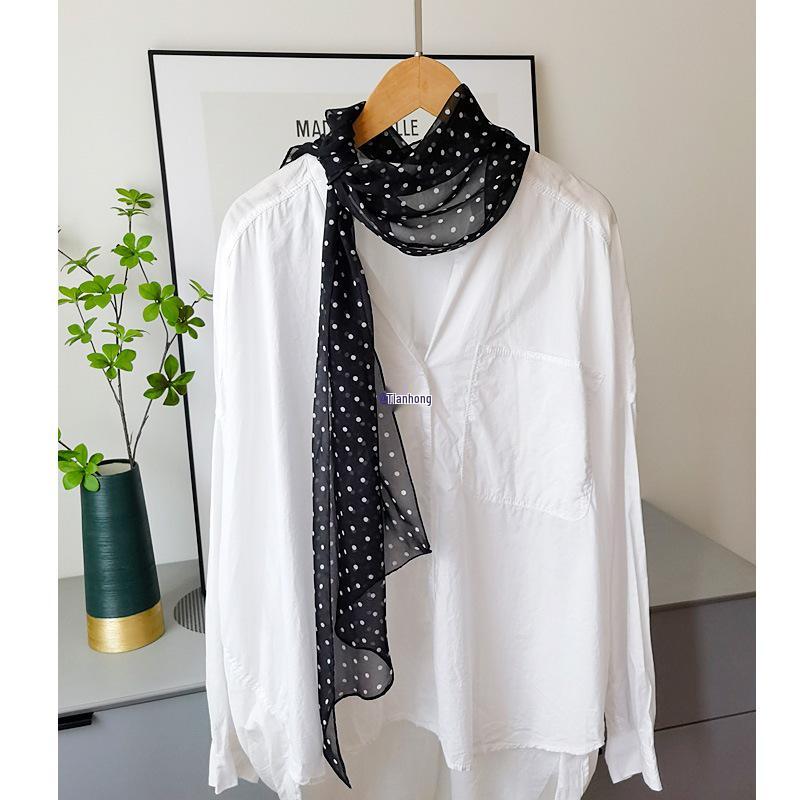 French Retro Black Polka Dot Silk Georgette Narrow Scarf (160x30)