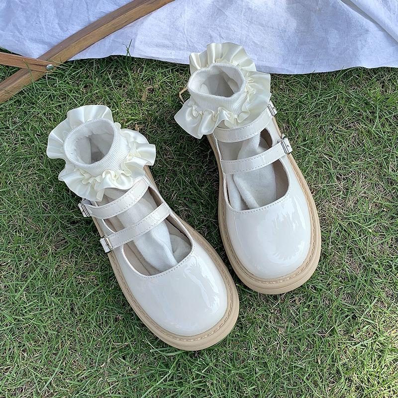 

White Leather Mary Jane Women s Summer Retro JK Platform Shoes with Round Toe 35