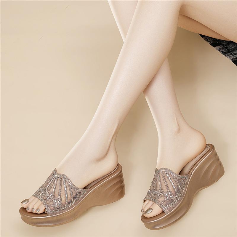 Spring and summer outer wear sandals women's fashion heightening thick-soled cm new women's shoes hollowed out one-pedal heel rhinestone slippers