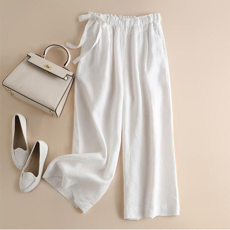 Southeast Asia Retro Cotton Linen High-Waisted Wide-Leg Cropped Pants with Side Tie