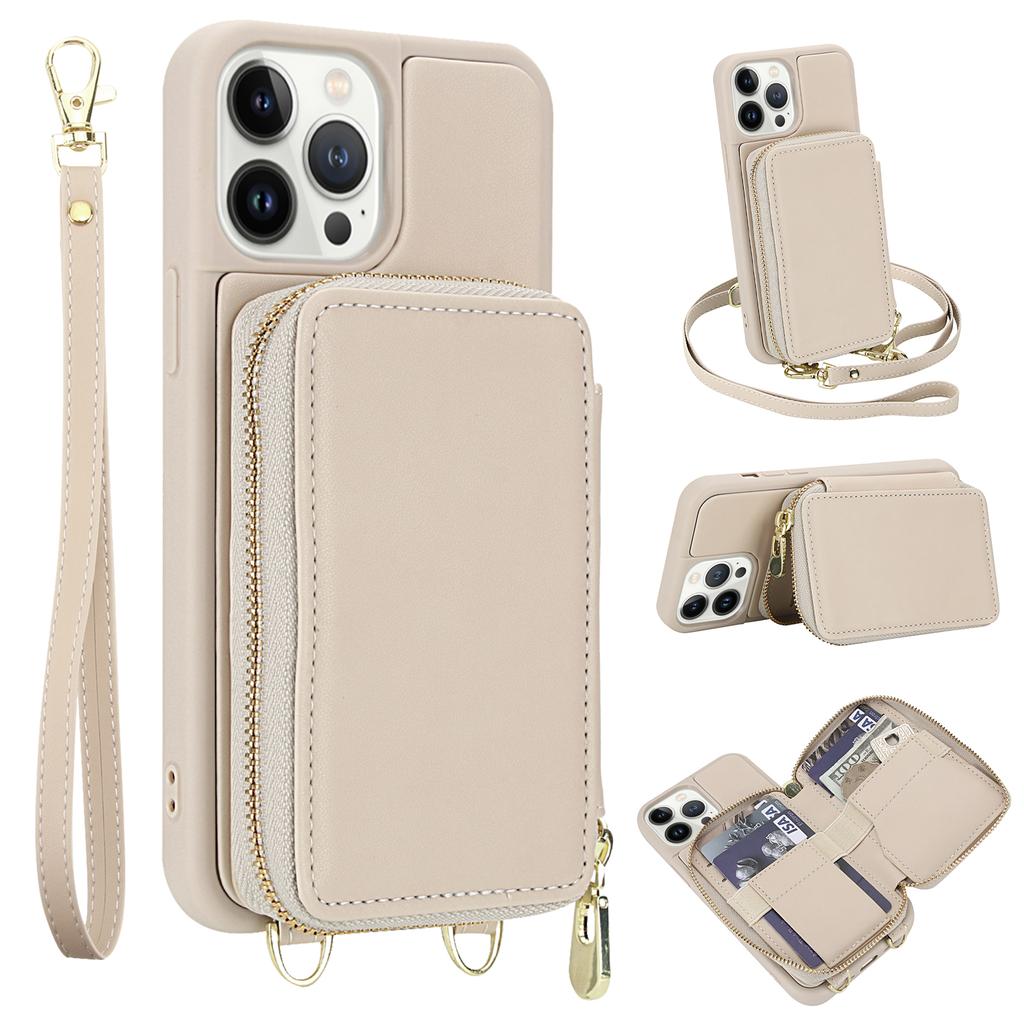 For iPhone 13 Pro Case RFID Blocking Zipper Wallet Leather + TPU Phone Cover with Shoulder Strap