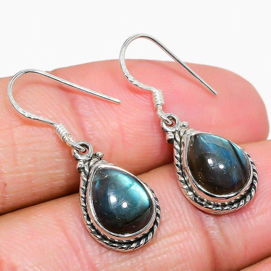 Natural Labradorite Gemstone 925 Solid Sterling Silver Gift Earring 1.25" I0Y22