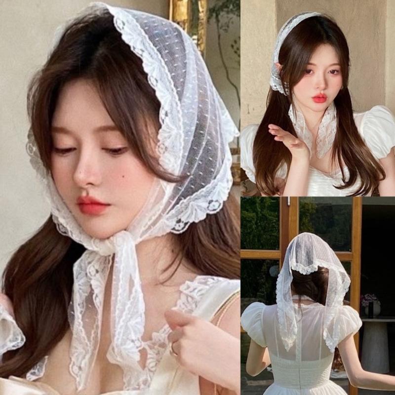 Elegant Women Lace Triangle Kerchiefs Summer Spring Sunproof Lace Triangle Bandana for Teens Girl Camping Taking Photo